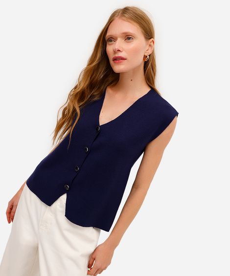 colete feminino de tricot decote v azul