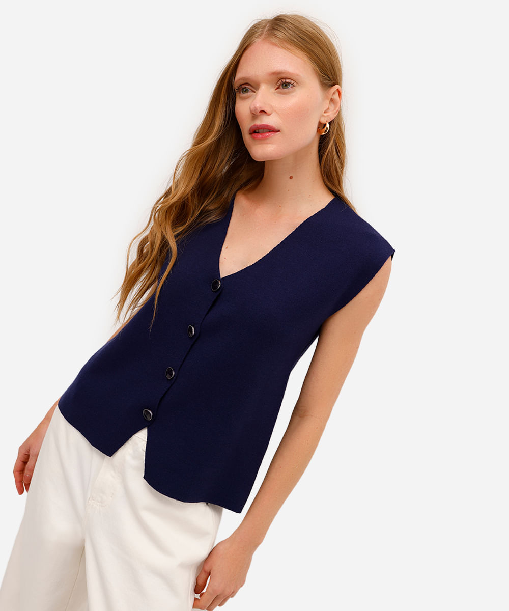 colete feminino de tricot decote v azul