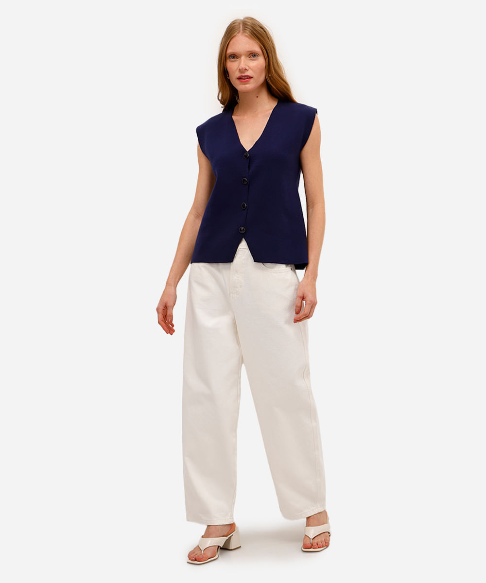 colete feminino de tricot decote v azul