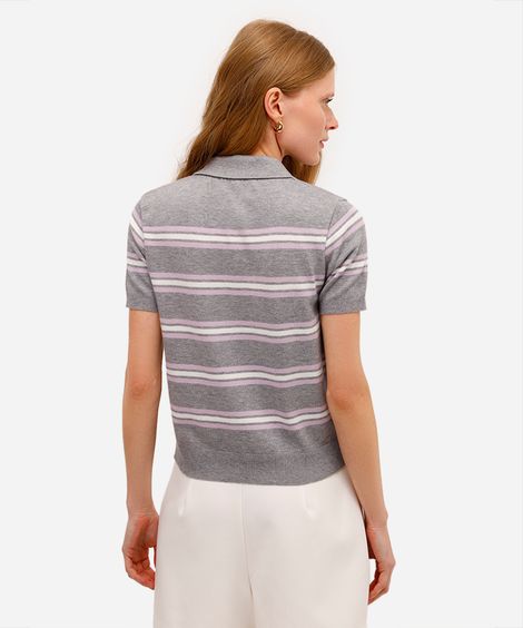 polo feminina de tricot listrada cinza