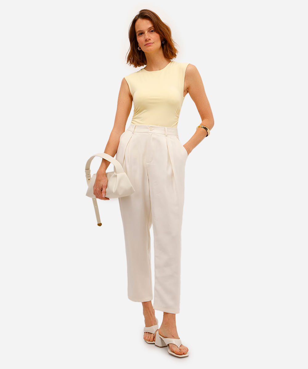 body feminino de poliamida franzido com recorte amarelo