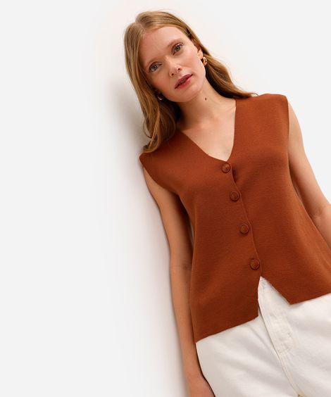 colete feminino de tricot decote v marrom