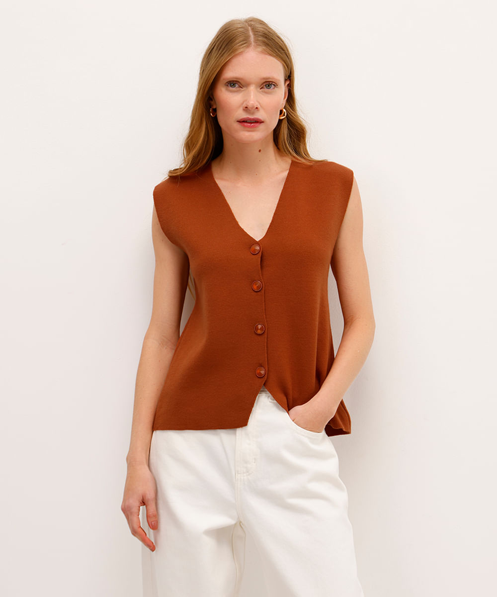 colete feminino de tricot decote v marrom