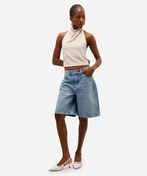 bermuda feminina jeans cintura média azul