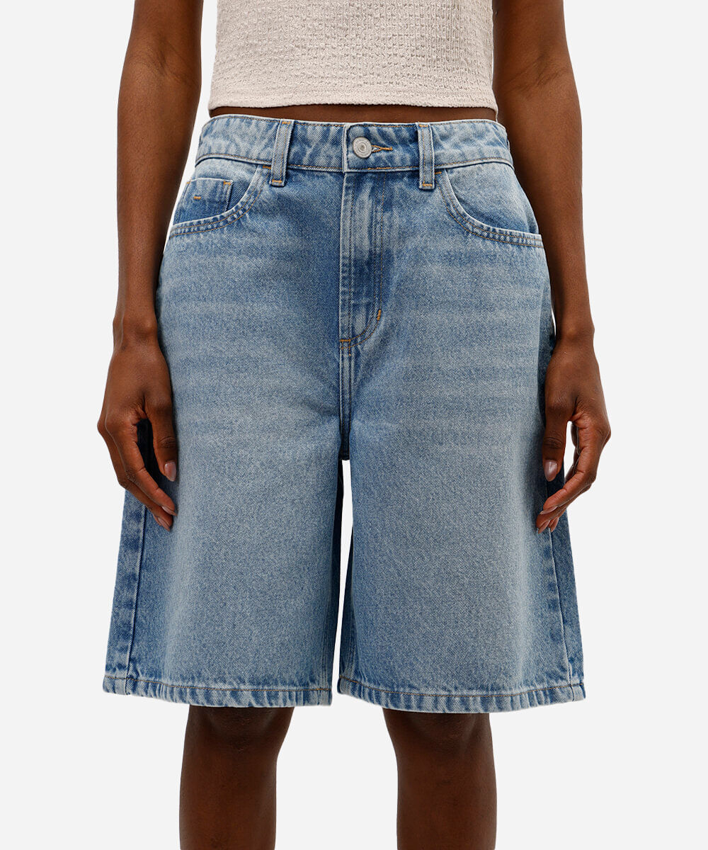 bermuda feminina jeans cintura média azul