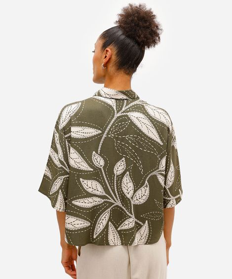 camisa feminina de viscose manga curta folhagem verde