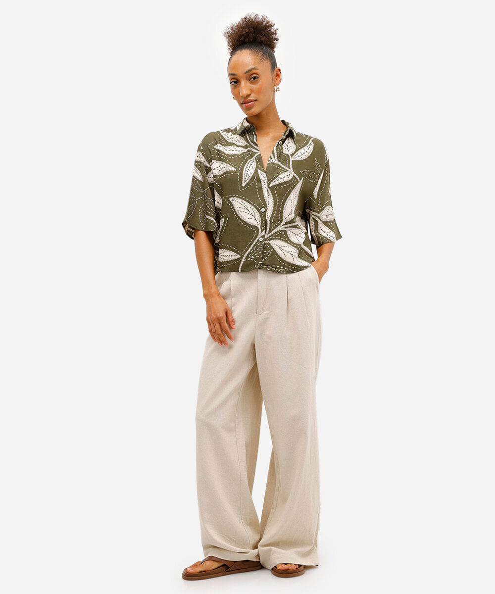 camisa feminina de viscose manga curta folhagem verde