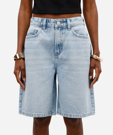 bermuda feminina jeans cintura média azul