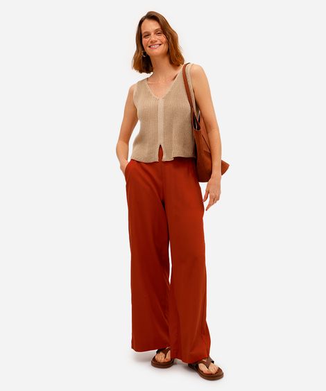 calça  wide leg feminina com linho marrom