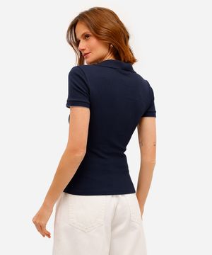 polo feminina de algodão manga curta canelada azul