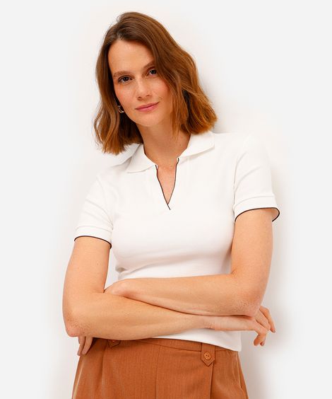 polo feminina de algodão manga curta canelada off white