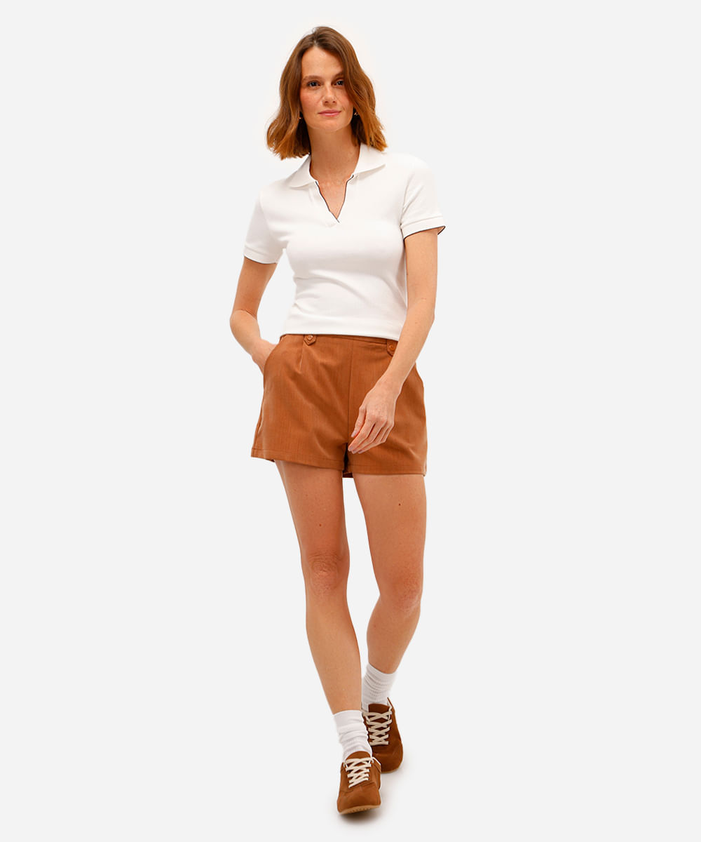 polo feminina de algodão manga curta canelada off white