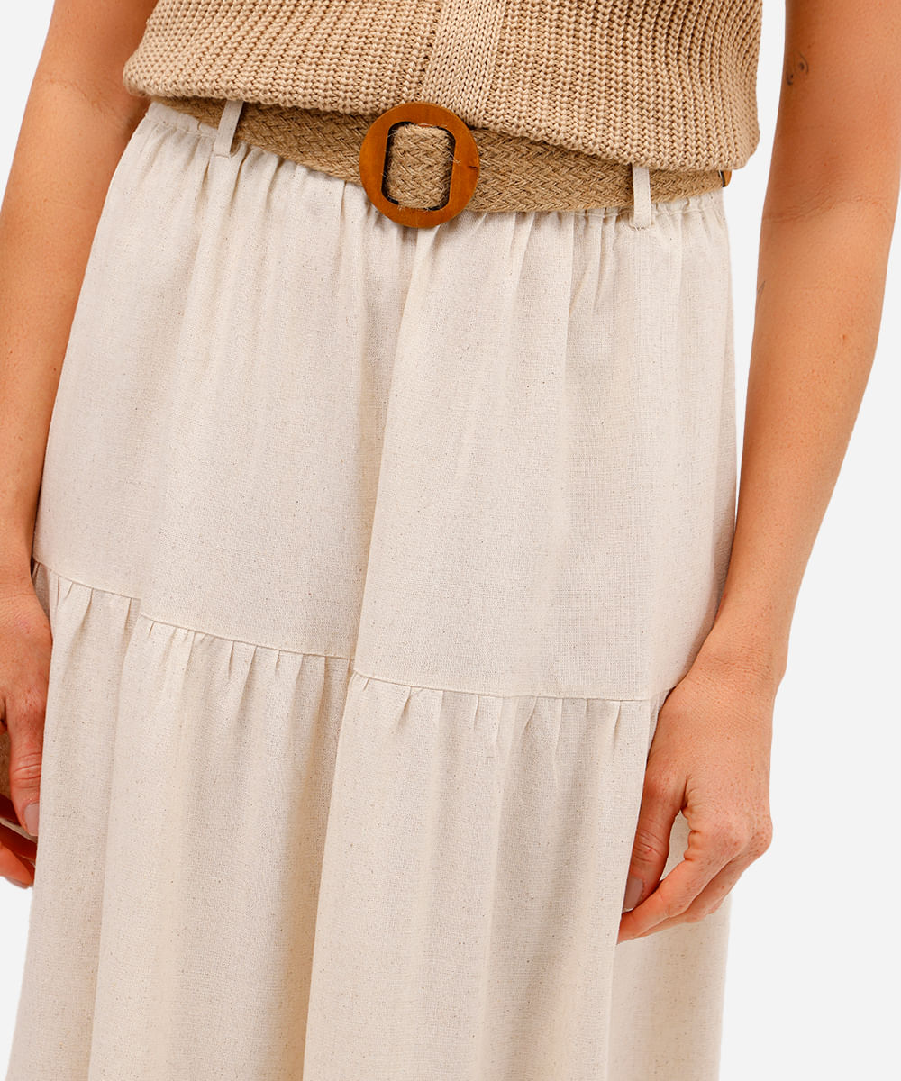 saia midi feminina com linho e cinto bege