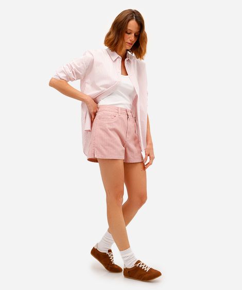 short mom feminino de sarja listrado rosa