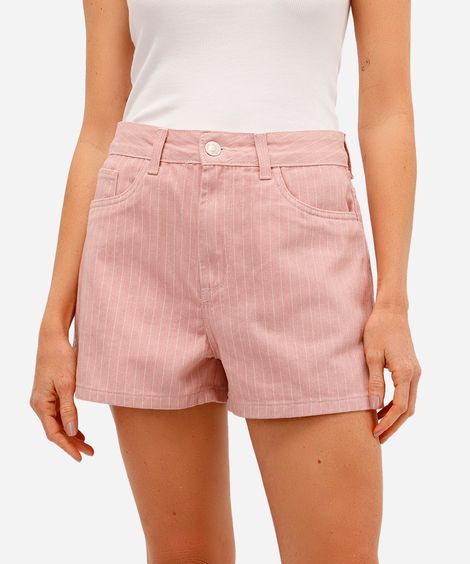 short mom feminino de sarja listrado rosa