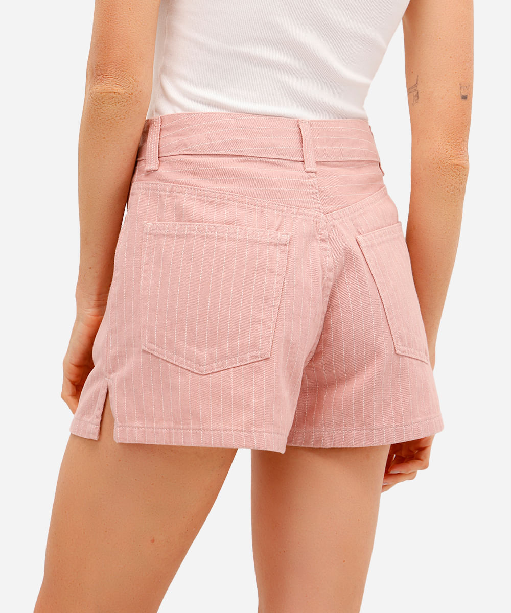 short mom feminino de sarja listrado rosa