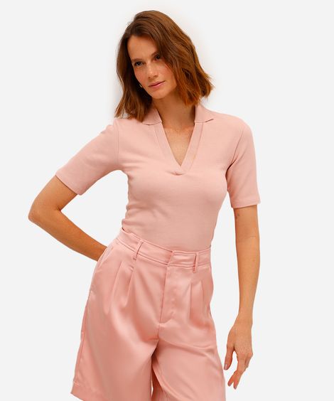 polo feminina de algodão manga curta canelada rosa