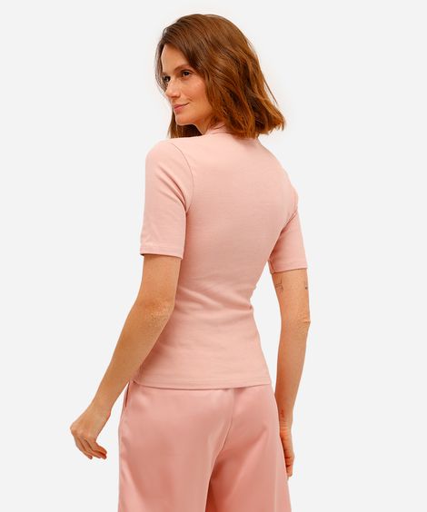 polo feminina de algodão manga curta canelada rosa