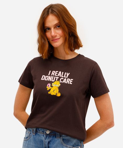 camiseta feminina de algodão garfield marrom