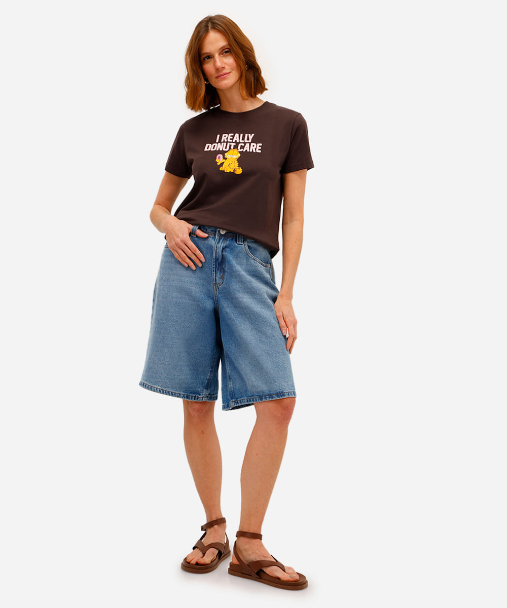 camiseta feminina de algodão garfield marrom