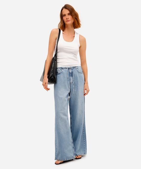 calça estilo pijama feminina jeans com cordão azul