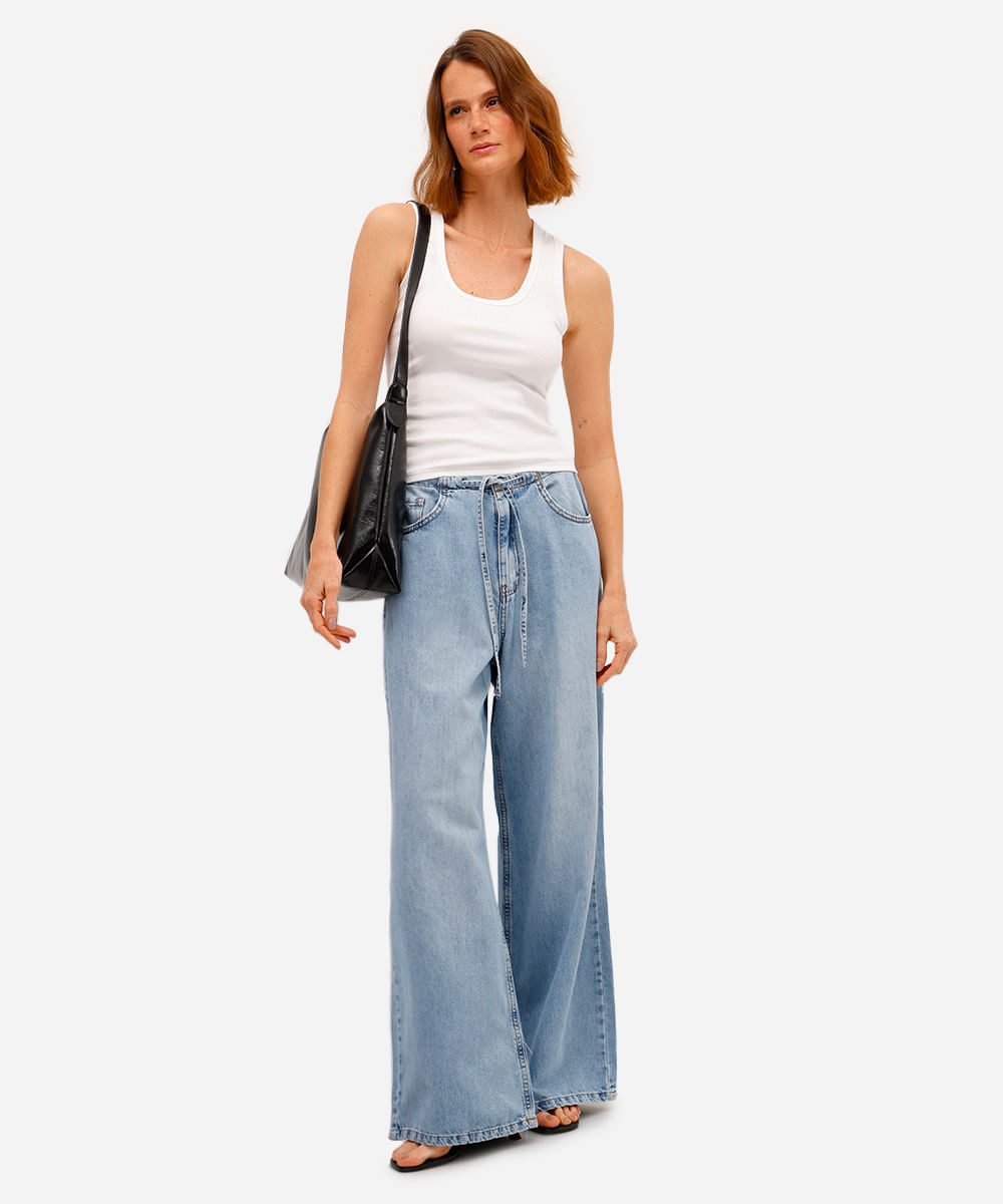 calça estilo pijama feminina jeans com cordão azul