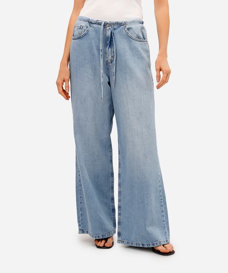 calça estilo pijama feminina jeans com cordão azul