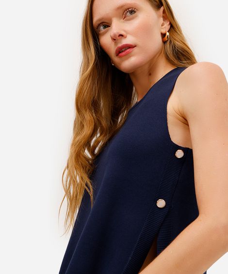 regata feminina de tricot com botões laterais azul