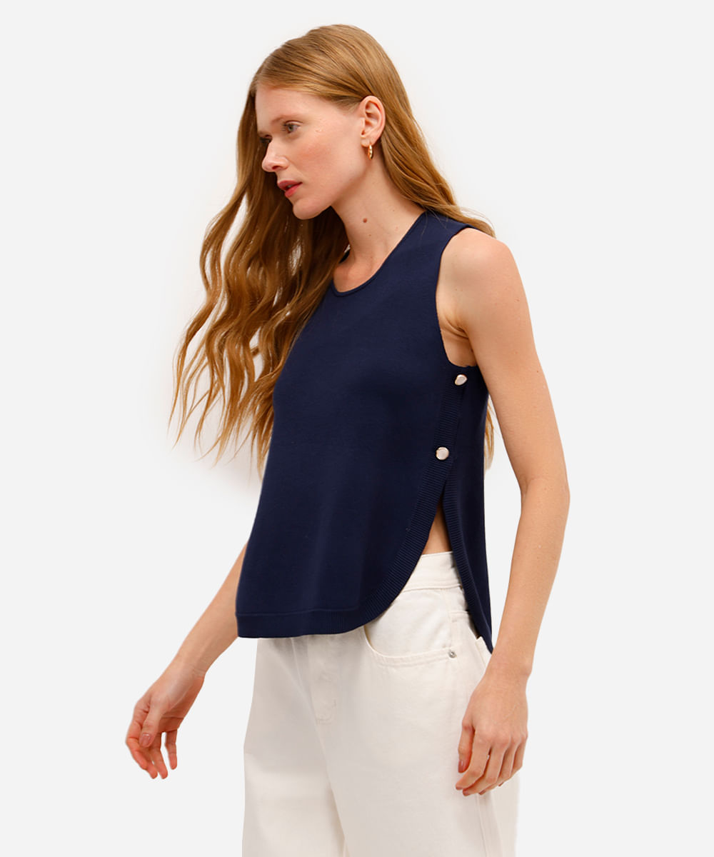 regata feminina de tricot com botões laterais azul