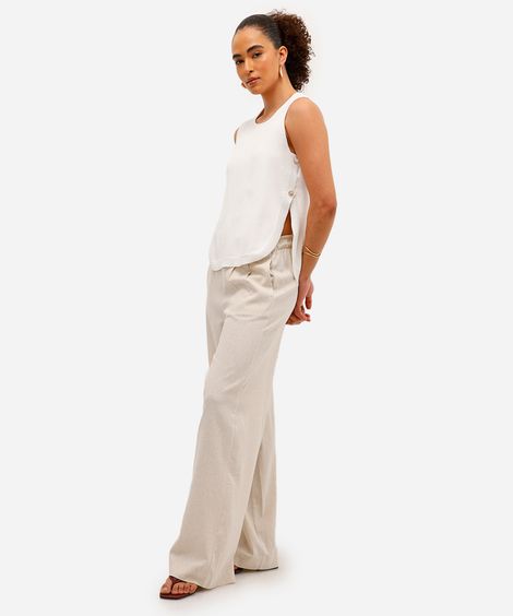 calça wide leg feminina com pences e linho bege