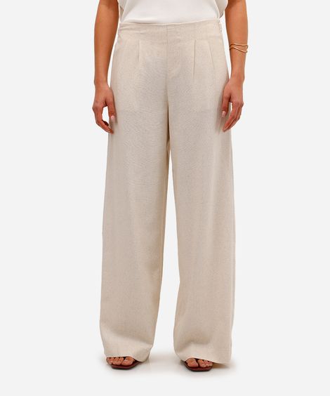 calça wide leg feminina com pences e linho bege