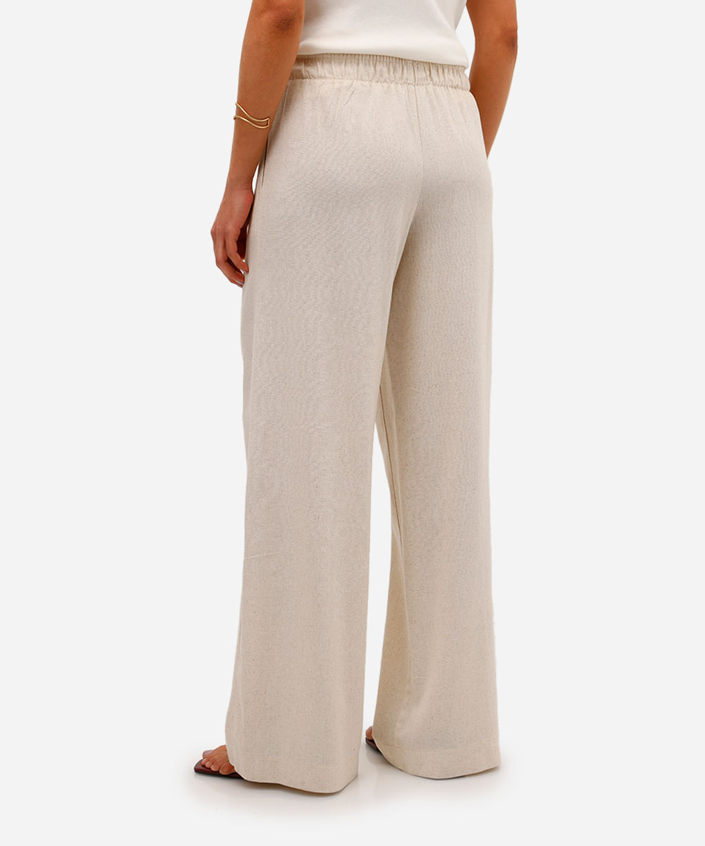calça wide leg feminina com pences e linho bege