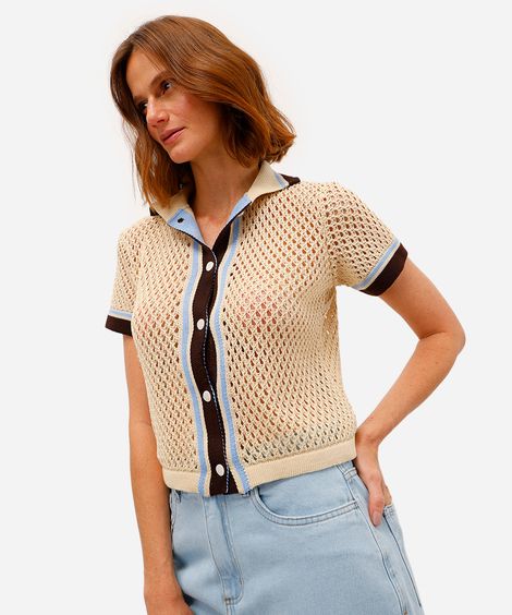 cardigan feminino de tricot manga curta com listras bege