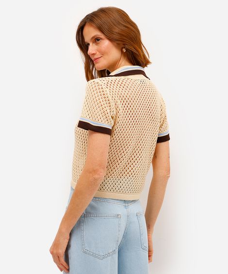cardigan feminino de tricot manga curta com listras bege