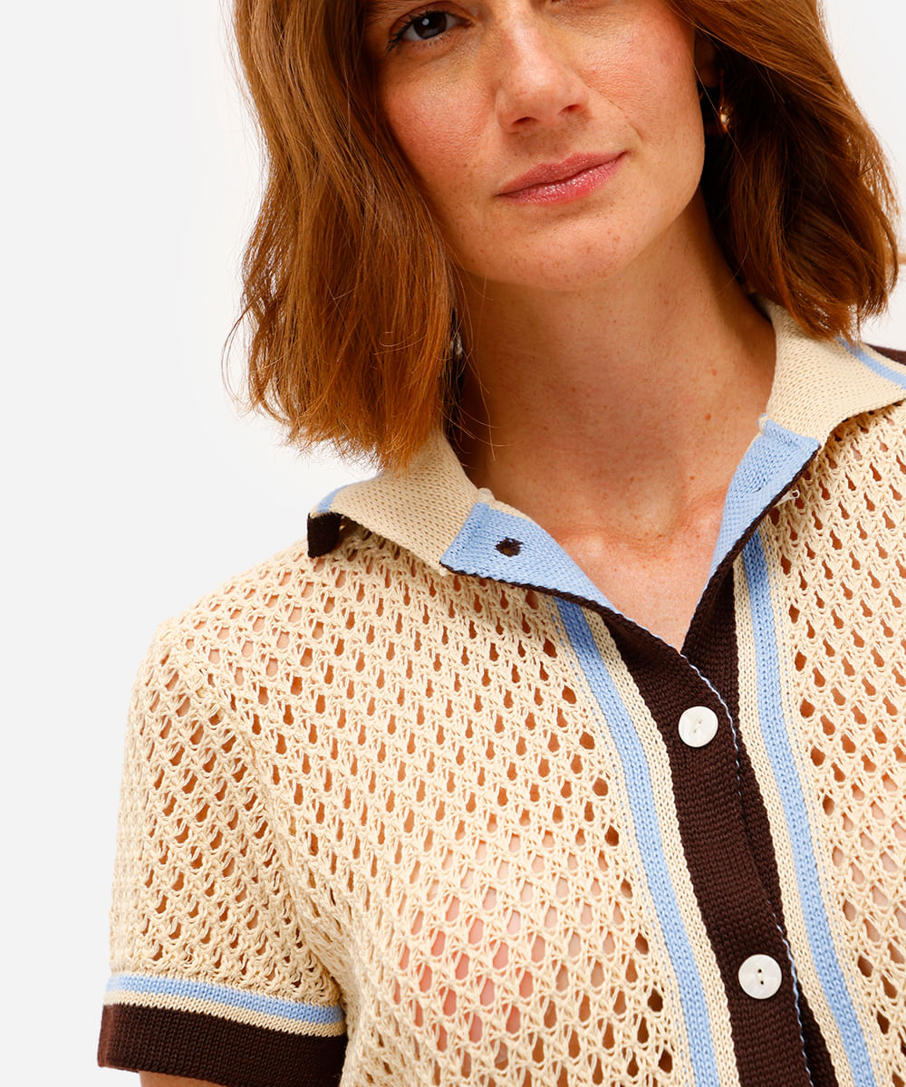 cardigan feminino de tricot manga curta com listras bege