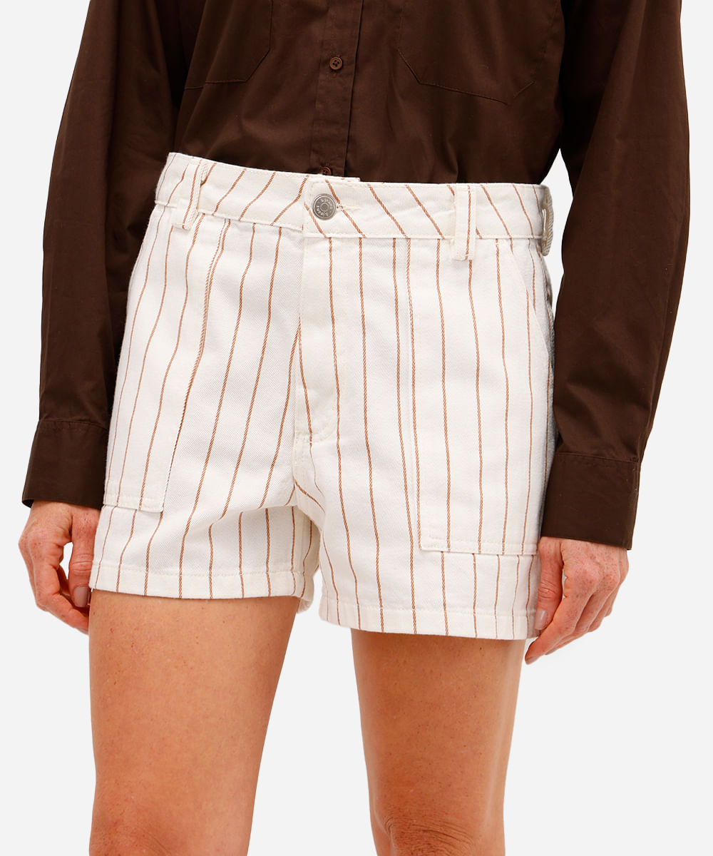 short feminino de sarja listrado off white