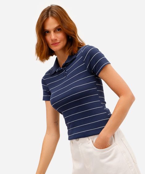 polo feminina de algodão canelada listrada azul