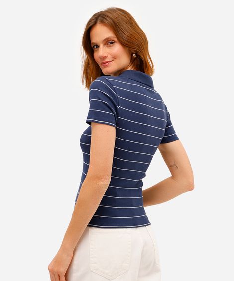 polo feminina de algodão canelada listrada azul
