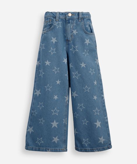 calça wide leg infantil jeans estrelas azul