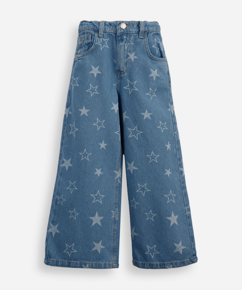 calça wide leg infantil jeans estrelas azul