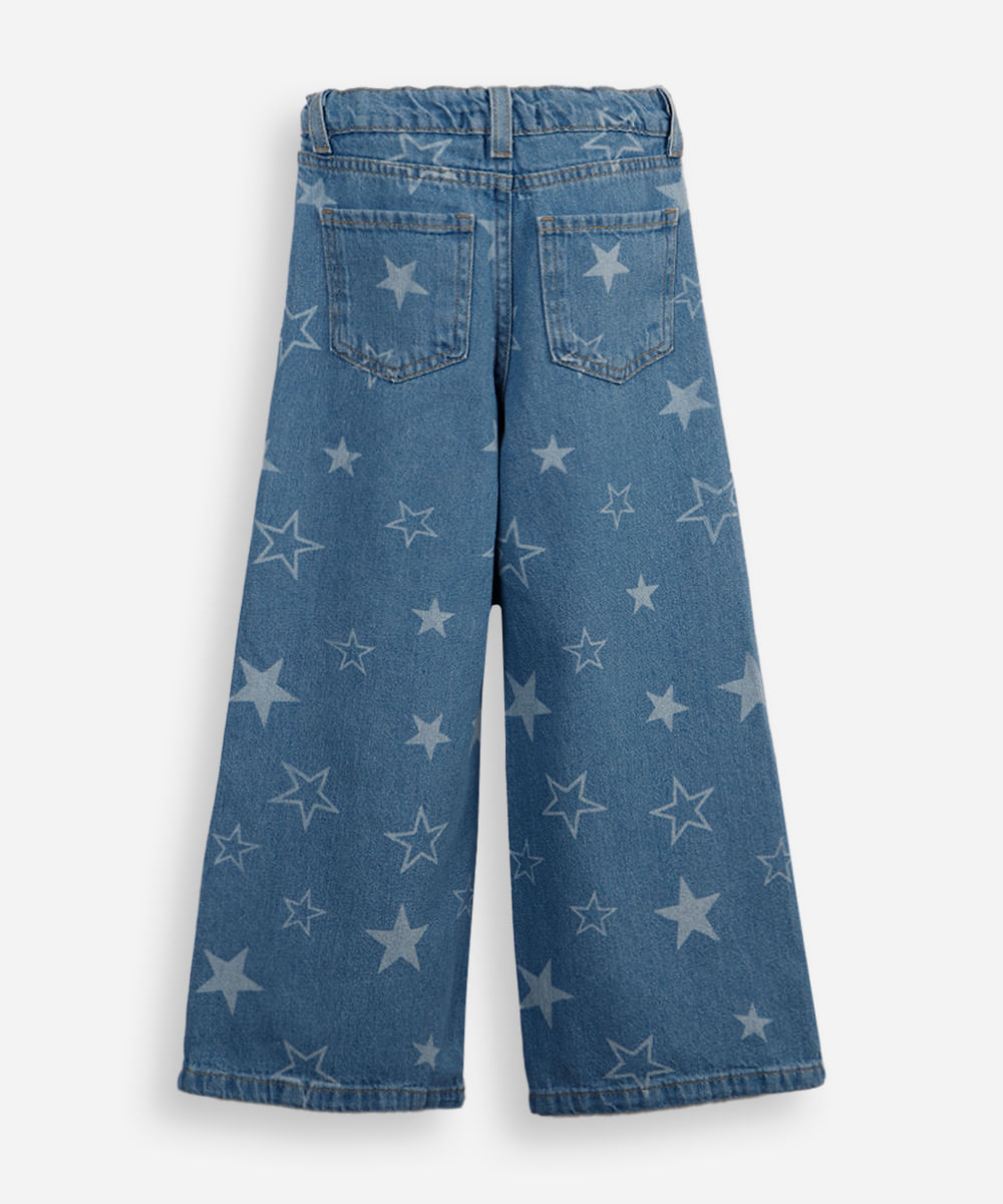 calça wide leg infantil jeans estrelas azul