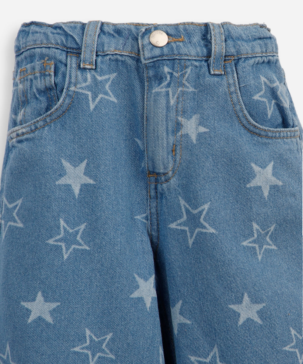 calça wide leg infantil jeans estrelas azul