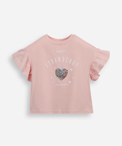 camiseta infantil de algodão com paetê estampada rosa