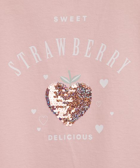 camiseta infantil de algodão com paetê estampada rosa