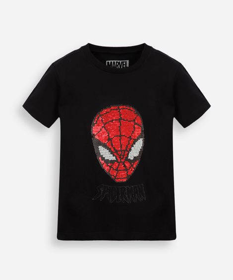 camiseta infantil de algodão com paetê homem aranha preta