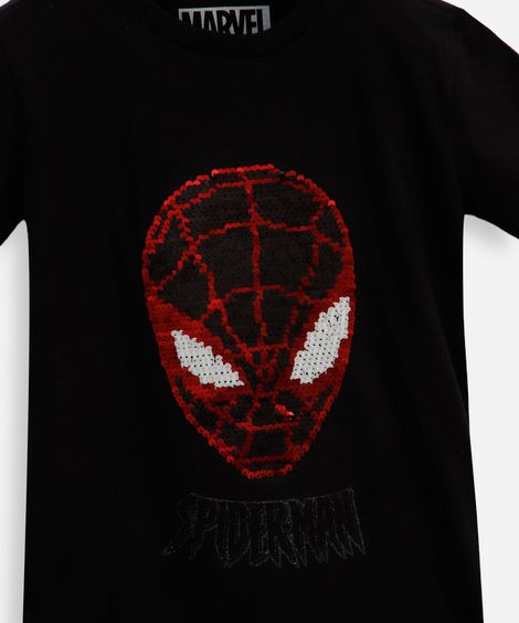 camiseta infantil de algodão com paetê homem aranha preta