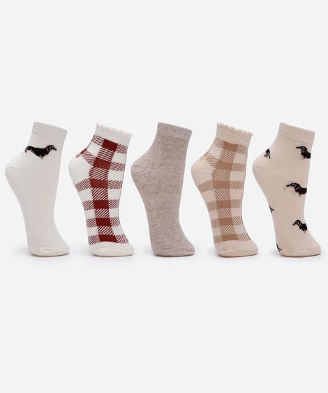 kit de 5 meias cano baixo estampada colorida