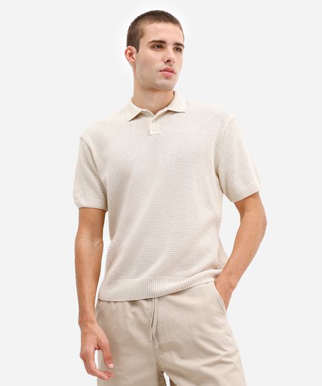 polo masculina de tricot manga curta bege