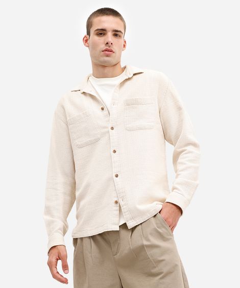 camisa comfort masculina manga longa texturizada bege