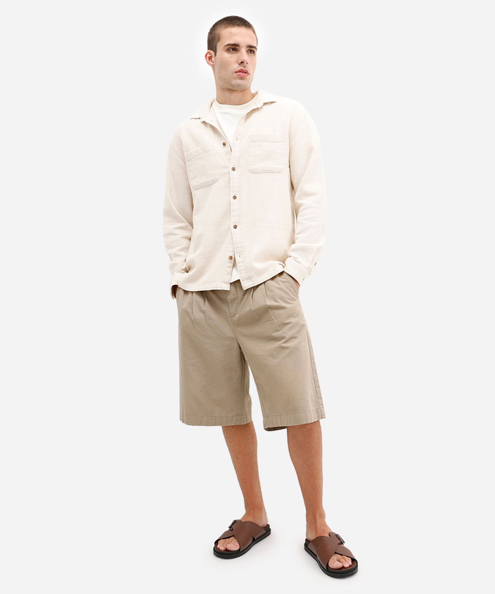 camisa comfort masculina manga longa texturizada bege